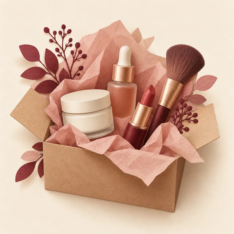 Illustration d&rsquo;un colis beaut&eacute; ouvert avec des cosm&eacute;tiques et un pinceau