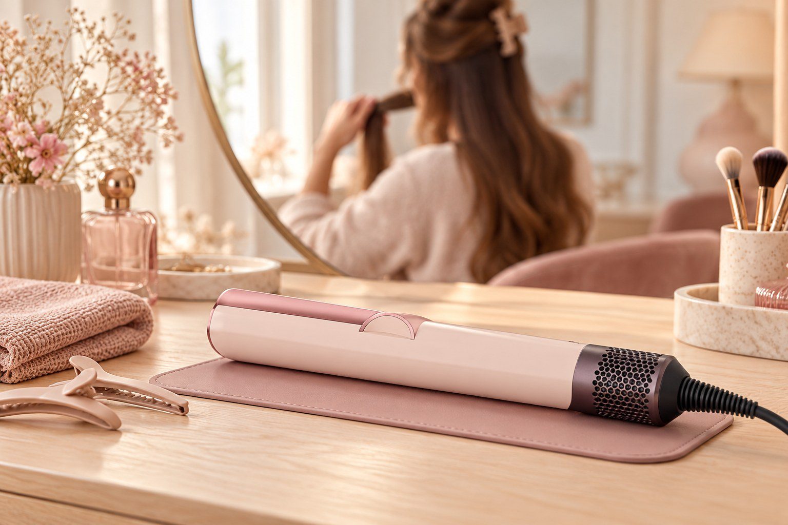 Dyson Airstrait rose céramique : mise en situation illustrative