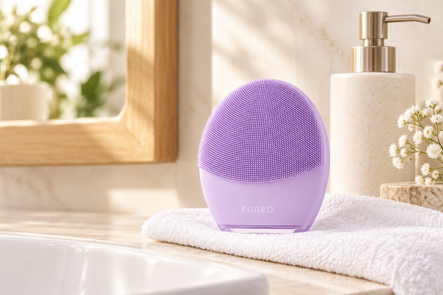 FOREO LUNA 4 peau sensible lilas : mise en situation illustrative